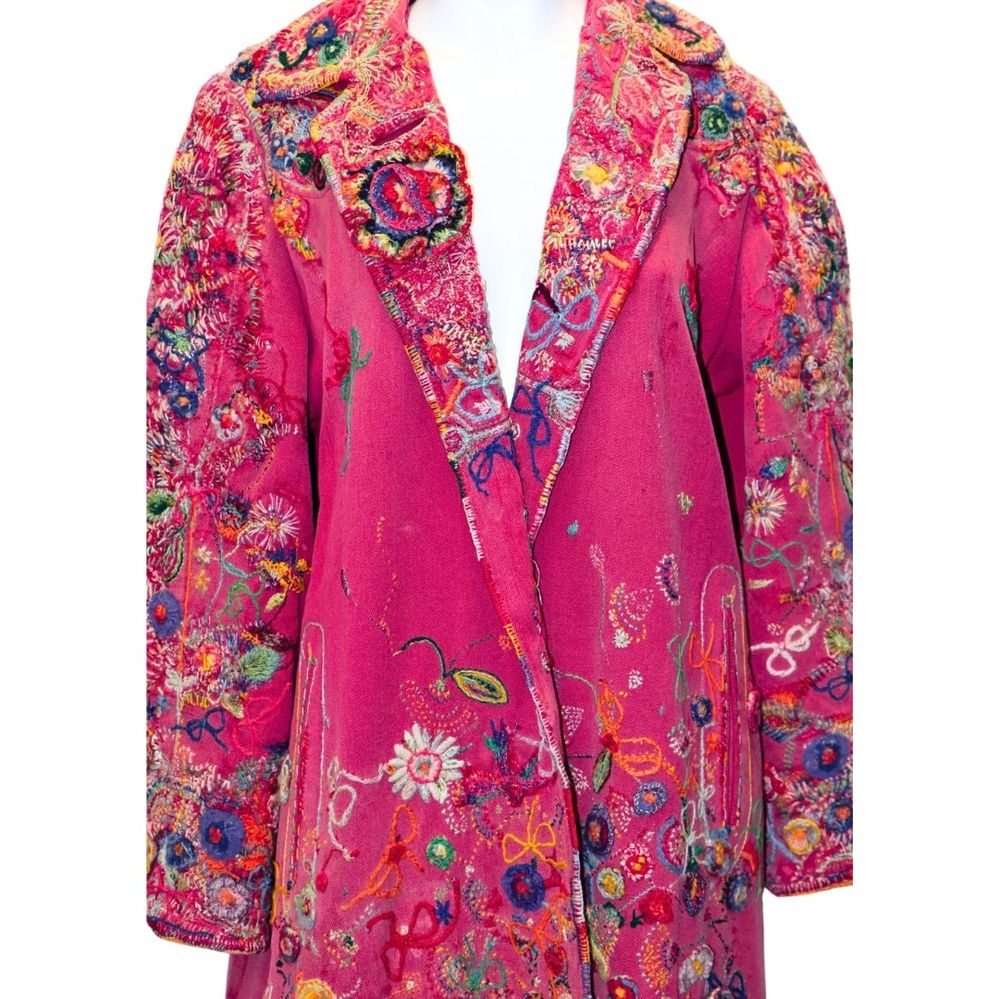 Edith Agnes Harrington, Pink Twill Coat, c.1950-1960, woollen embroidered garment, 120 x 62cm, 2000.011. Courtesy of The Dax Centre.