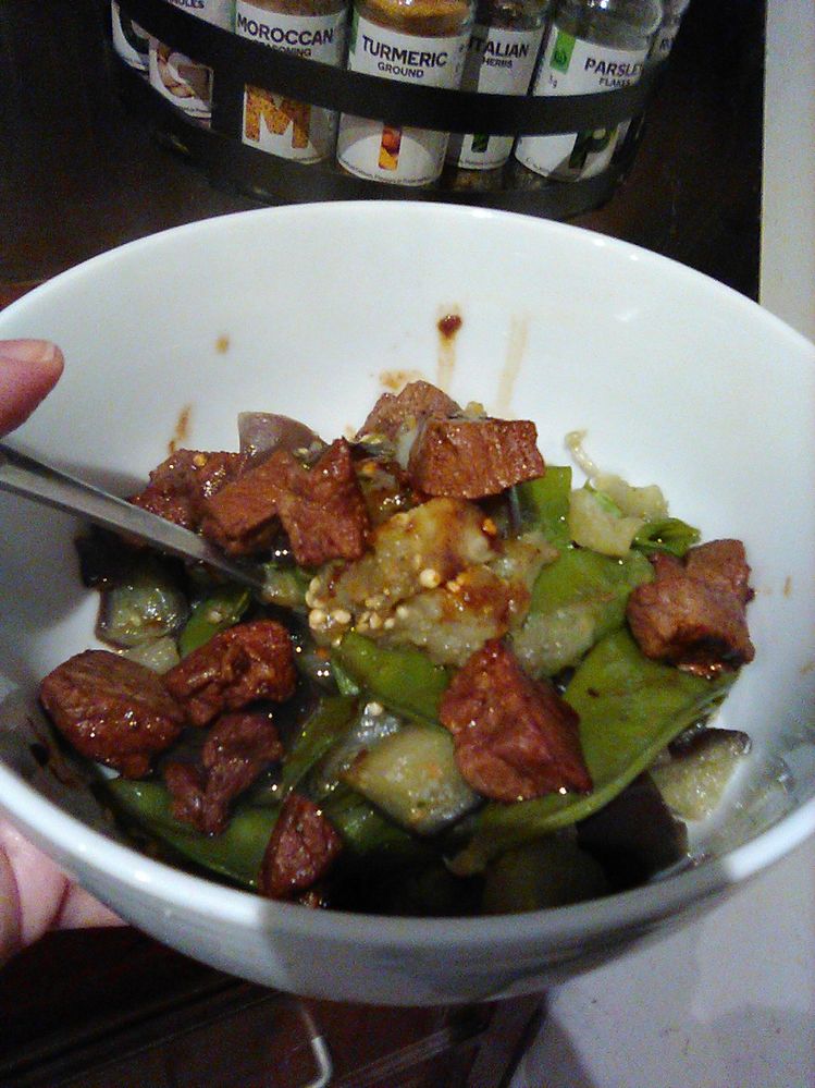 Beef eggplant and snowpeas