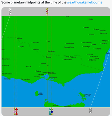 An astrological midpoint slightly to the left of Melbourne where Sunbury is for this earthquake